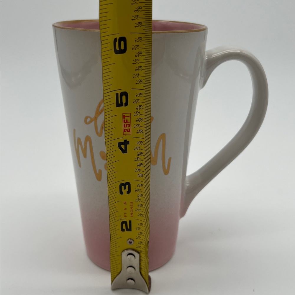“Dog Mom” Pink and White Tall Coffee Mug with Gold Lettering and Paw Print - Picture 7 of 8